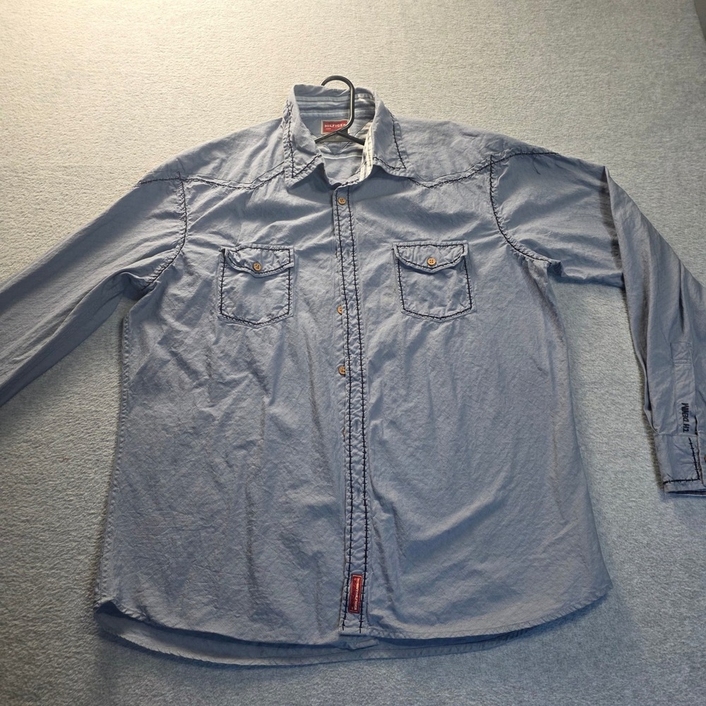Tommy Hilfiger Red Label Denim Shirt Men L Blue Thick Stitch Western Long Sleve‎